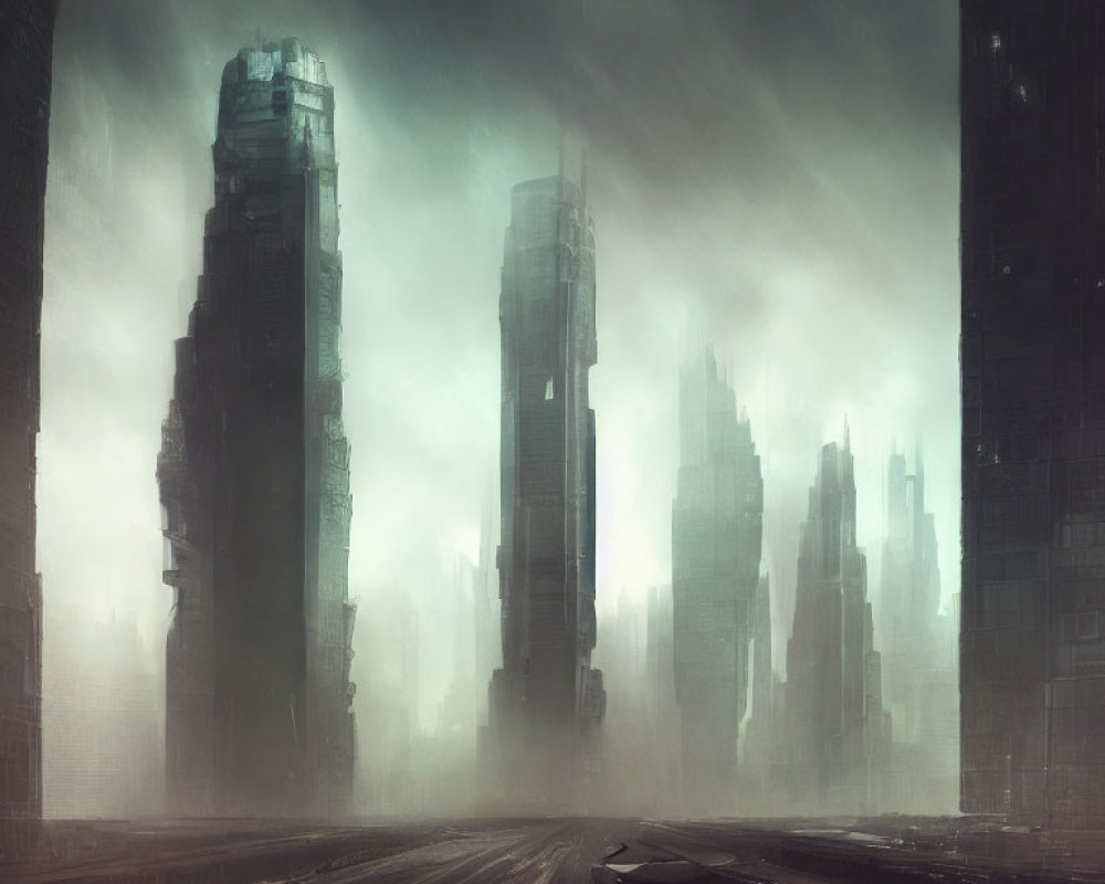 Dystopian cityscape with dilapidated skyscrapers in mist