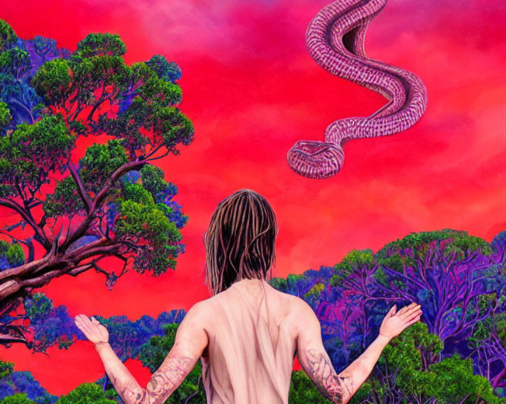 Person meditating on rocky outcrop under red sky with snake and forest backdrop