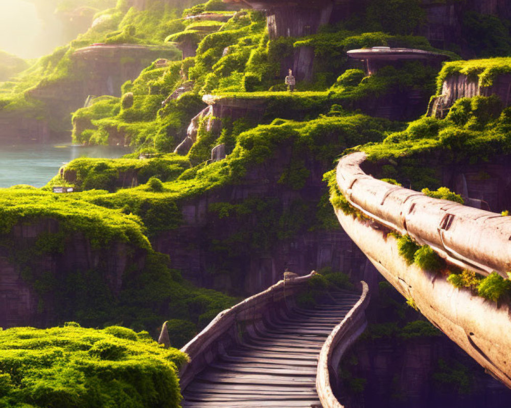 Scenic wooden pathway on lush cliff with waterfalls & sunlight