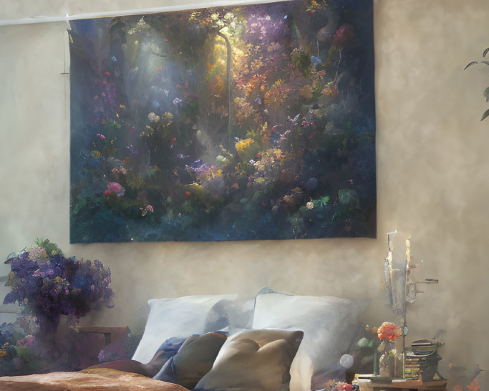 Nature-inspired bedroom with vibrant flowers and garden painting.
