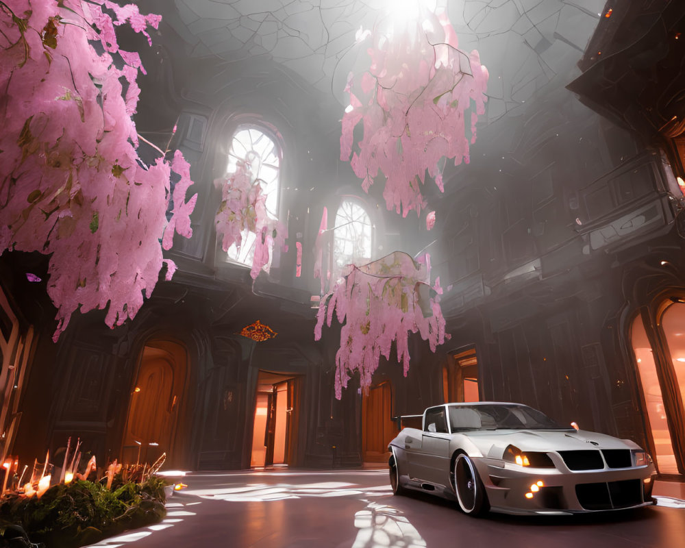 Luxury Car Parked in Ornate Hall with Sunlight and Pink Foliage