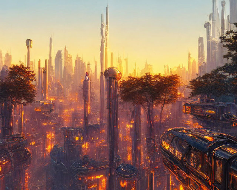 Golden-Lit Futuristic Cityscape with Skyscrapers and Flying Vehicles