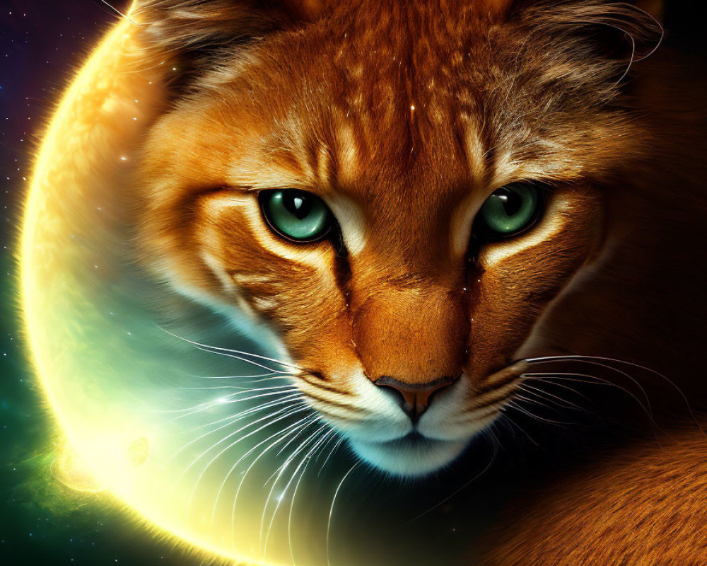 Lion's face on cosmic background with green eyes and fierce expression