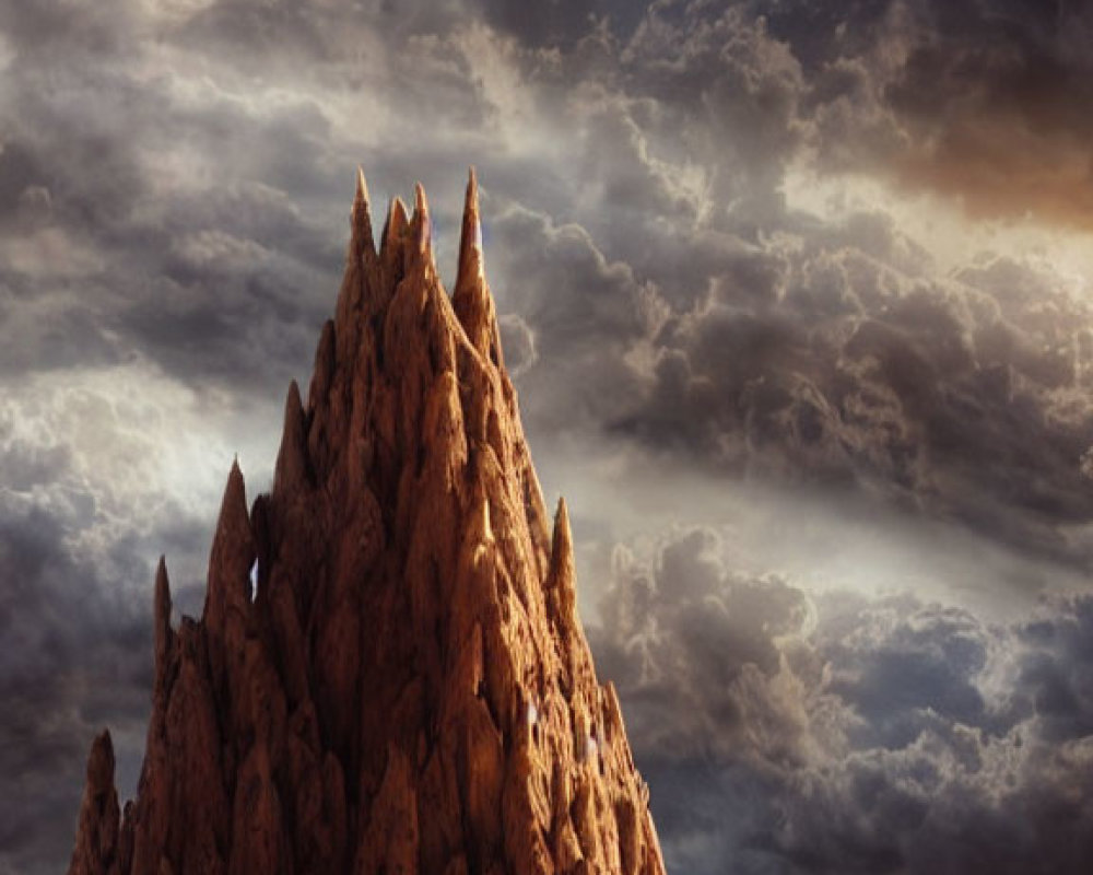 Dramatic desert landscape with towering rock formation under stormy sky