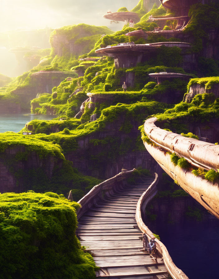 Scenic wooden pathway on lush cliff with waterfalls & sunlight