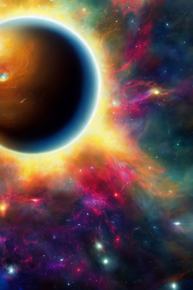 Colorful Nebula Surrounding Dark Moon in Eclipse