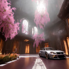 Luxury Car Parked in Ornate Hall with Sunlight and Pink Foliage
