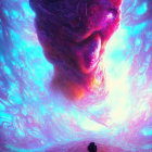 Vibrant surreal illustration of figure with colossal ethereal face.