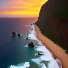 Serene beach at sunset with steep cliffs and calm ocean