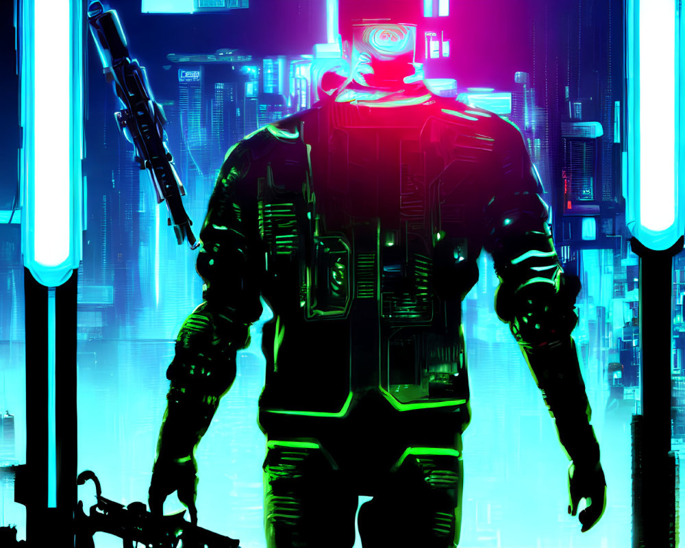 Neon-lit cybernetic figure in futuristic cityscape
