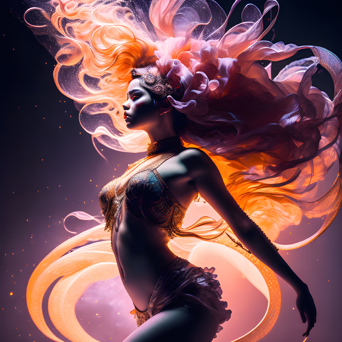 Digital Artwork: Woman with Orange Hair in Gold Attire on Starry Background