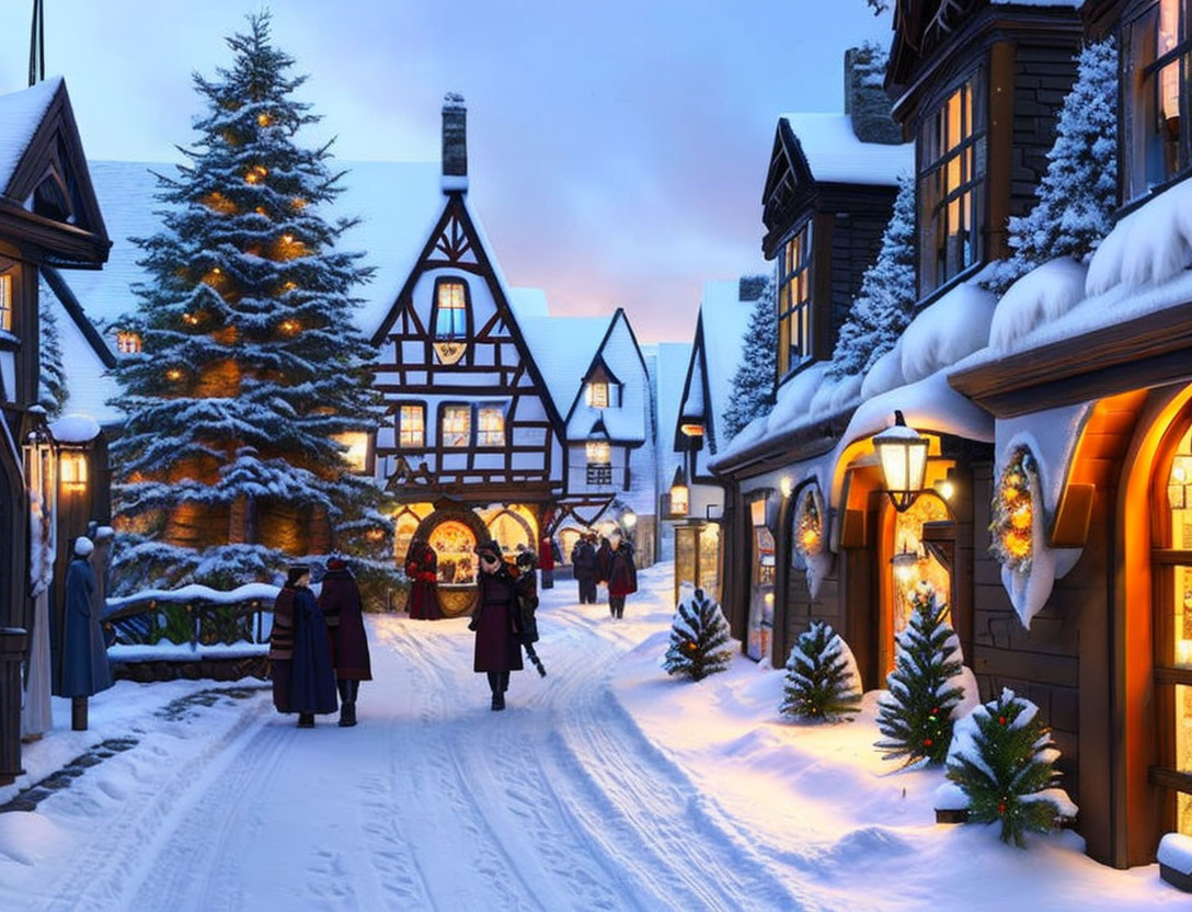 Winter scene: snow-covered village street with festive decorations and illuminated storefronts at twilight