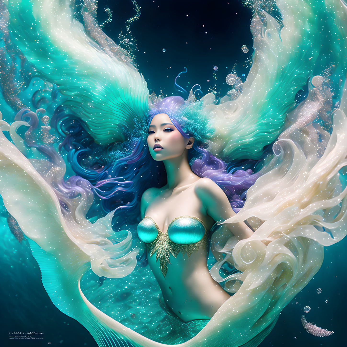 Mermaid with Blue Hair and Tail in Underwater Scene