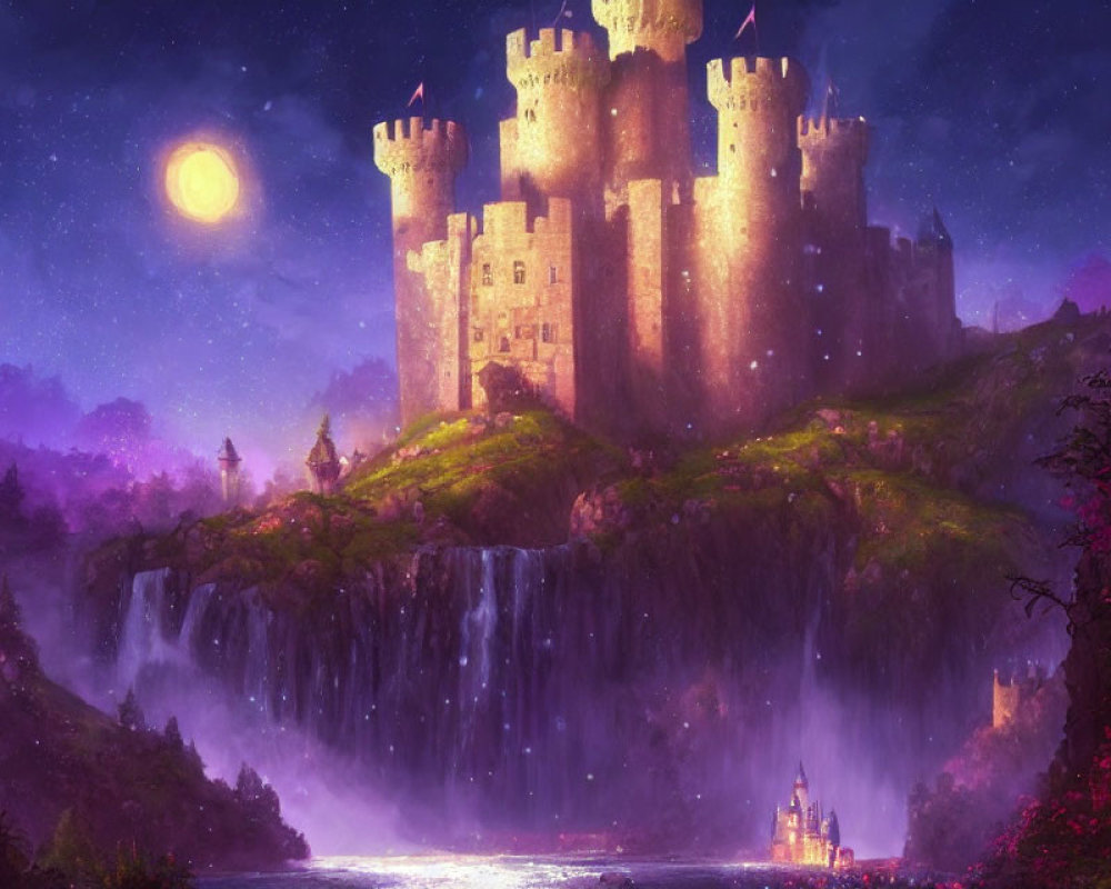 Majestic castle on waterfall cliff in moonlit, purple landscape
