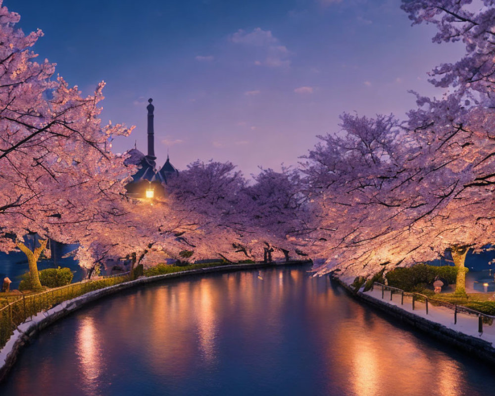 Cherry Blossom Twilight Scene with Canal, Streetlights, and Building Silhouette