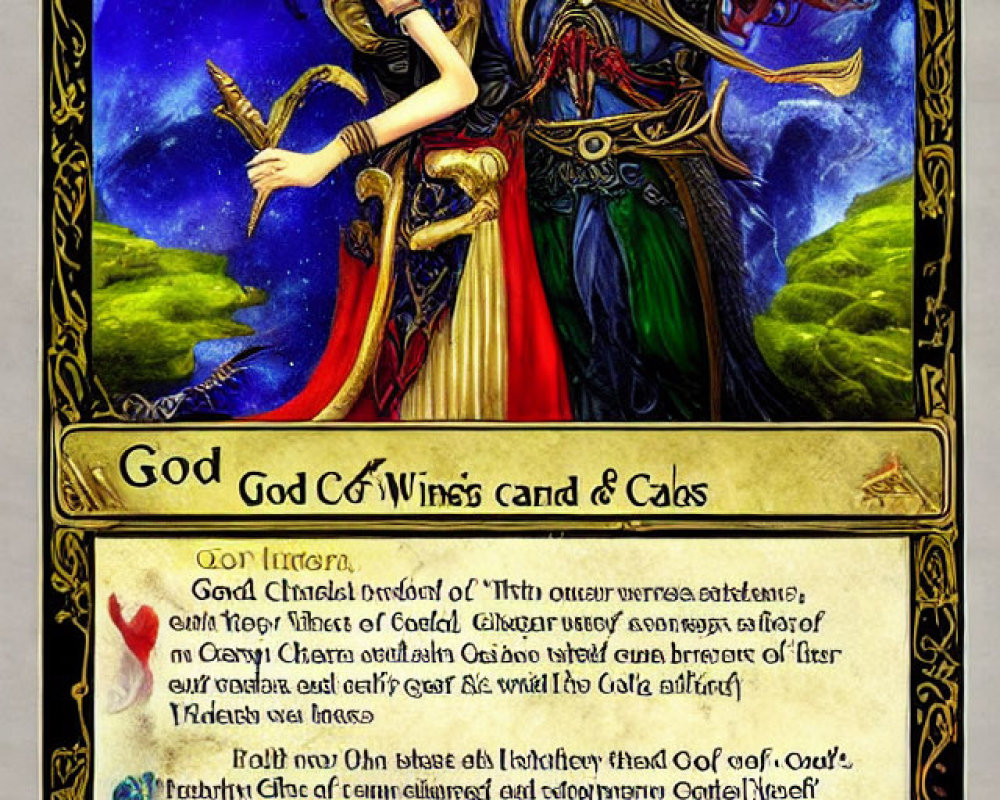 Fantasy card illustration of two armored winged characters in ornate setting