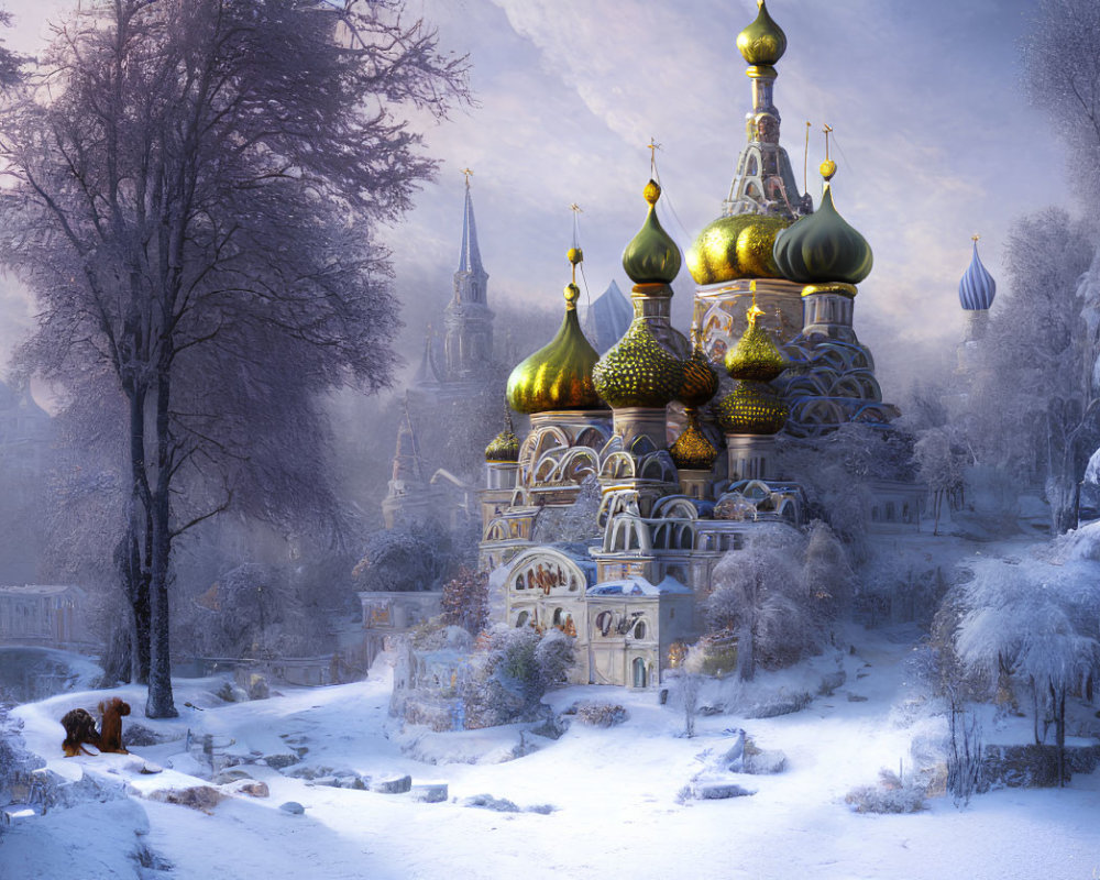 Whimsical snow-covered castle in serene winter forest with fox