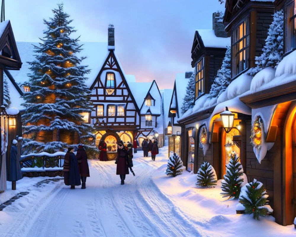 Winter scene: snow-covered village street with festive decorations and illuminated storefronts at twilight