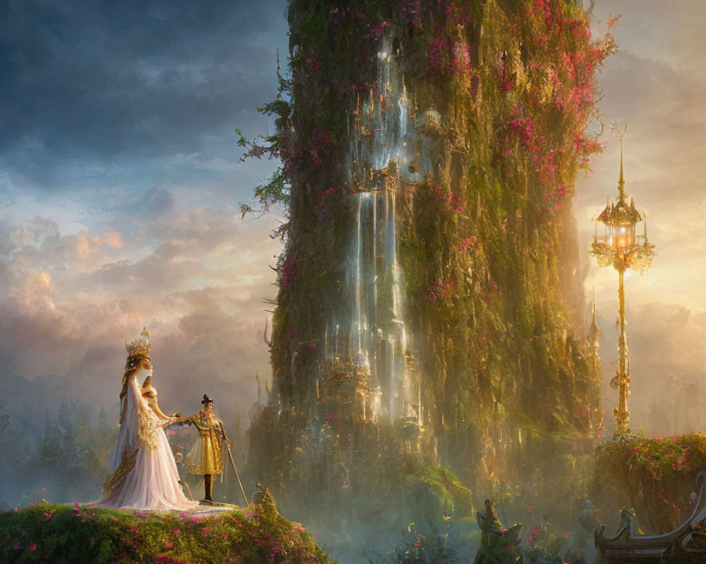 Regal woman in white gown with knight's armor at sunset by waterfall