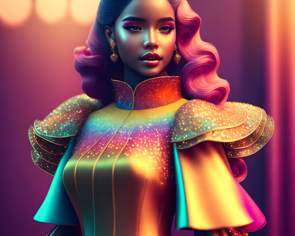 Illustration of Woman with Pink Hair in Gold Dress on Colorful Background