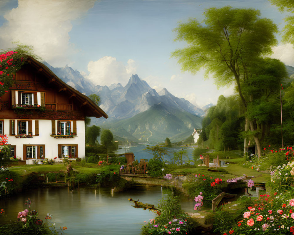 Traditional house in lush garden with pond and mountains