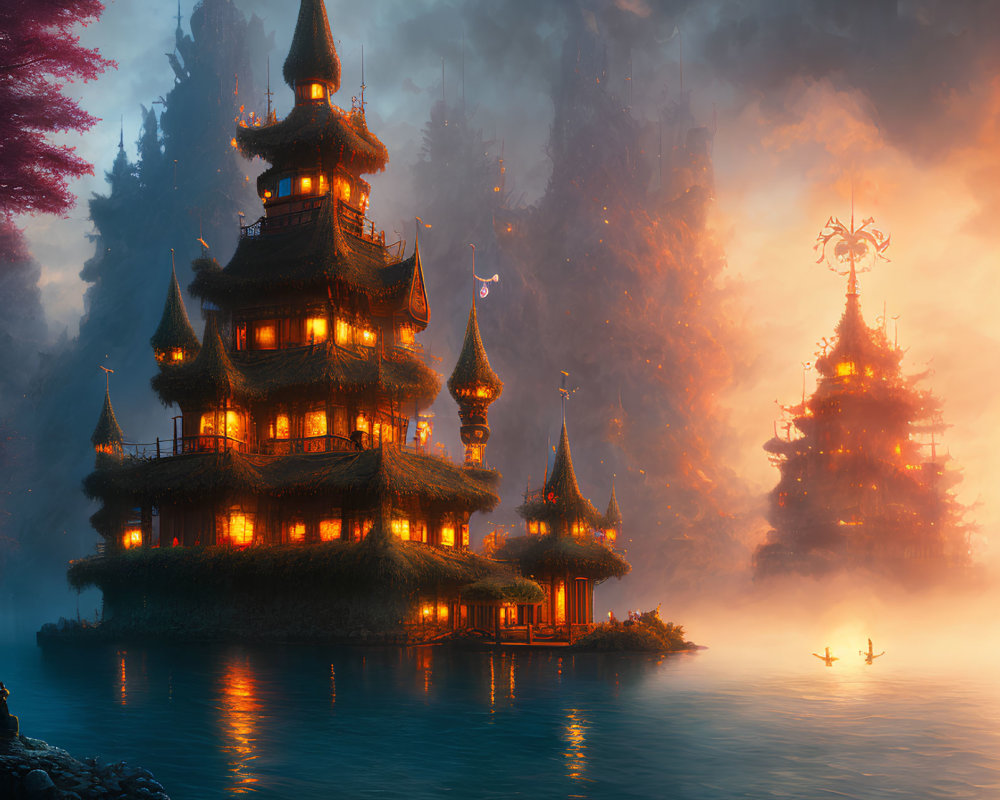 Asian-inspired fantasy landscape with pagodas, misty mountains, lake, and boat