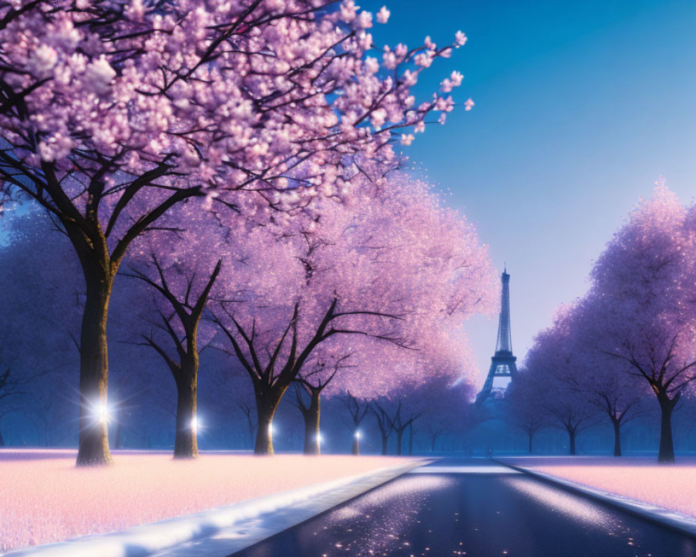 Cherry Blossom Pathway Leading to Eiffel Tower at Twilight