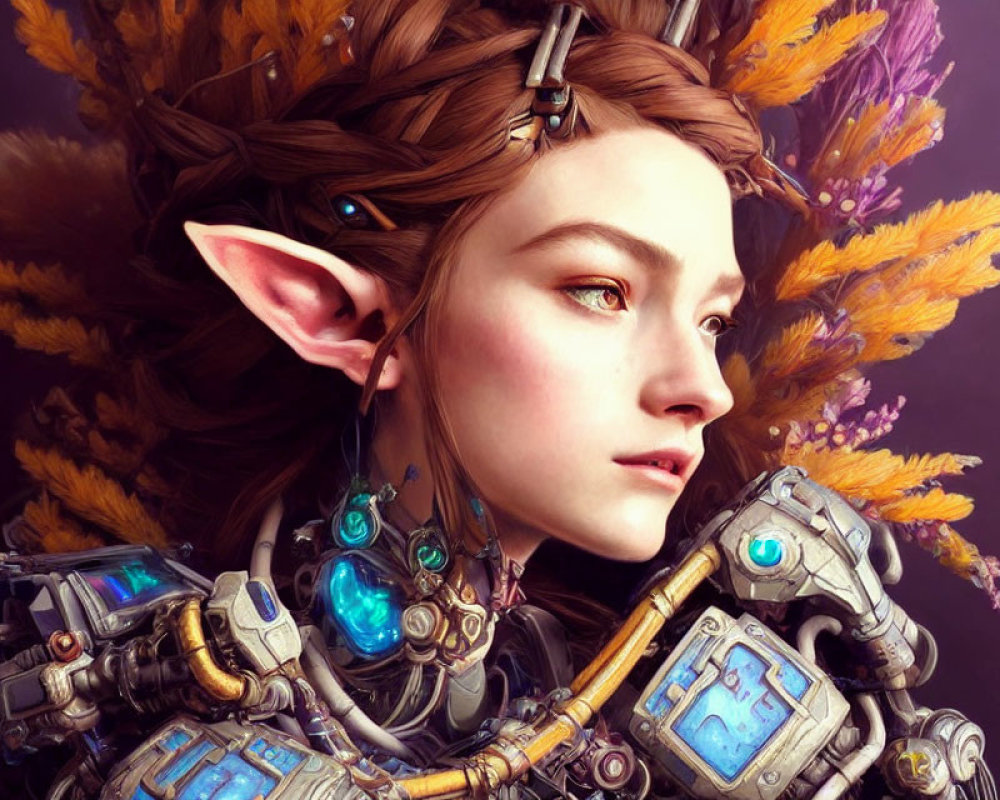 Female Elf in Mechanical Armor with Vibrant Feathers - Nature and Technology Fusion