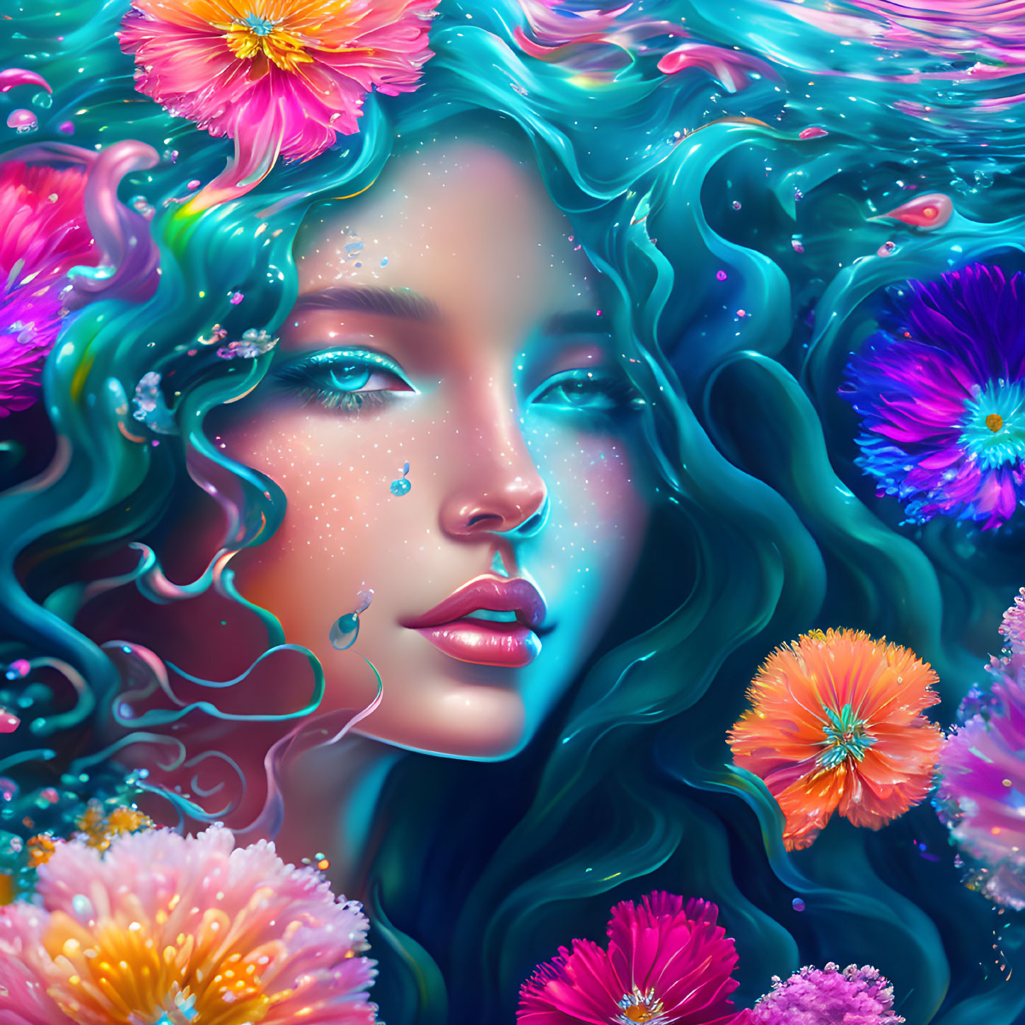 Girl with flowers under water