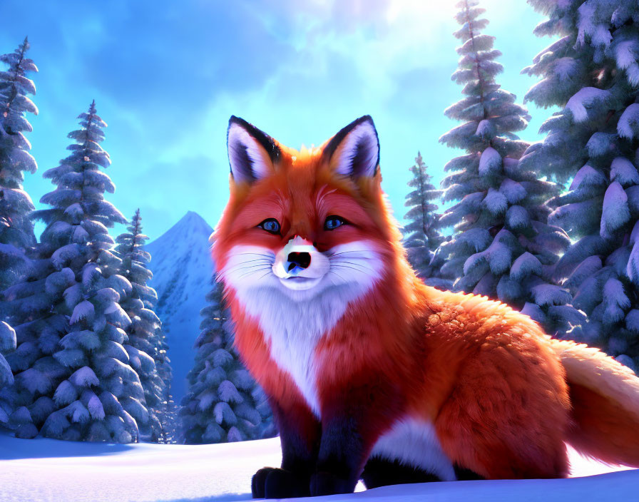 Colorful Animated Fox in Snowy Landscape with Evergreen Trees and Mountains