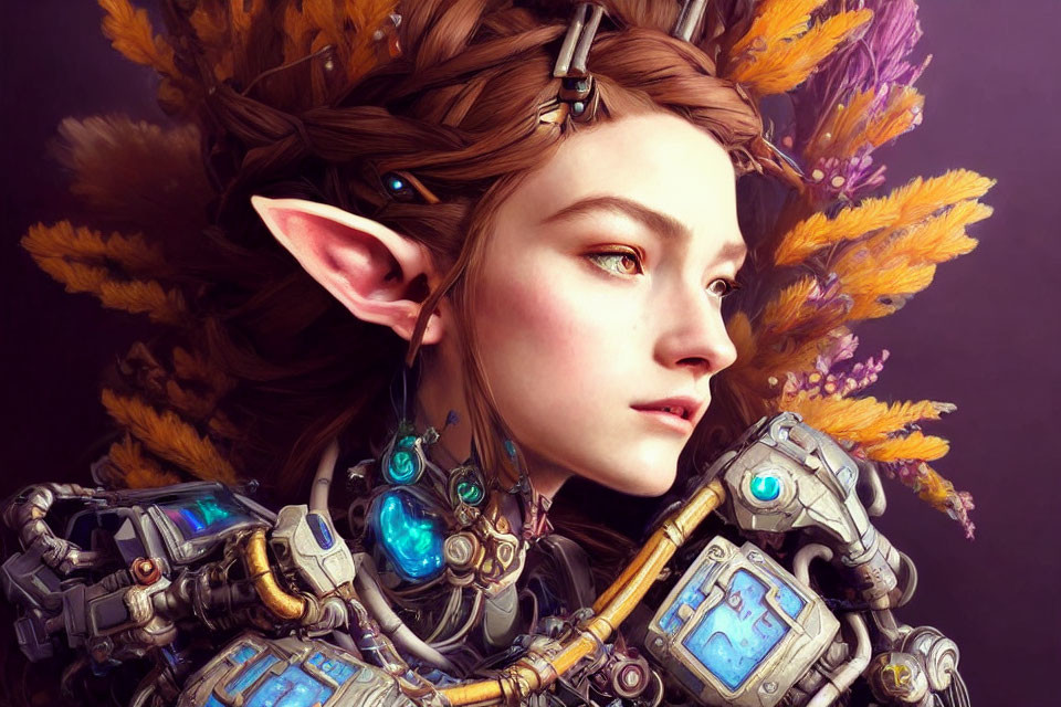 Female Elf in Mechanical Armor with Vibrant Feathers - Nature and Technology Fusion
