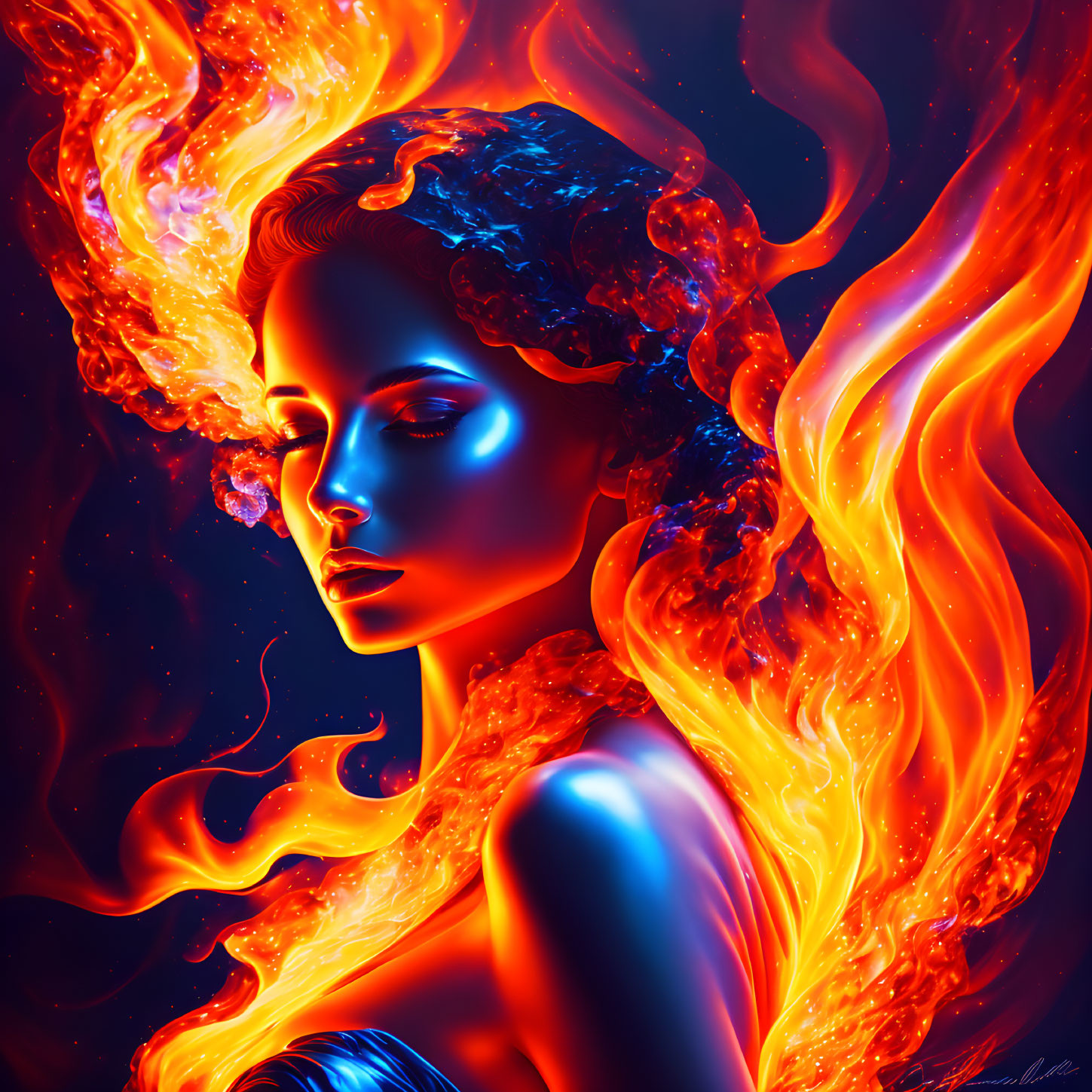A girl in the arms of a flame