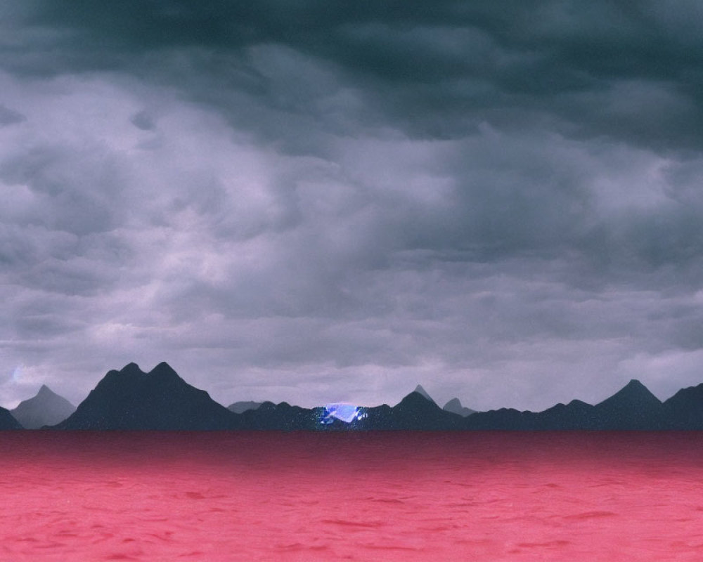 Surreal landscape with red ground, dark mountains, and stormy sky