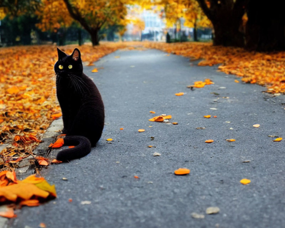 Black Cat Sitting on Autumn Path with Yellow Eyes