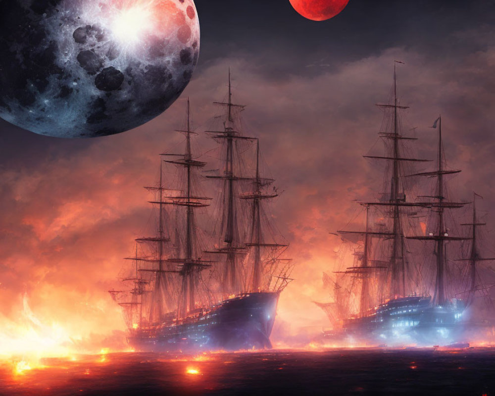Surreal landscape with tall ships and glowing embers