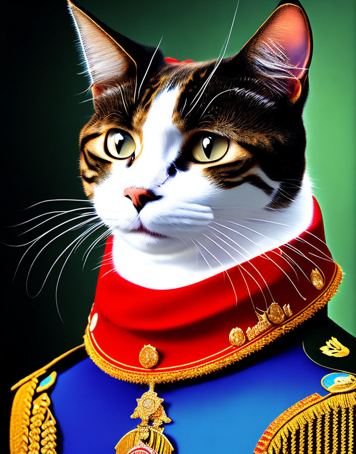 Digital Artwork: Cat in High-Ranking Officer Uniform, Striking Eyes, Gradient Background