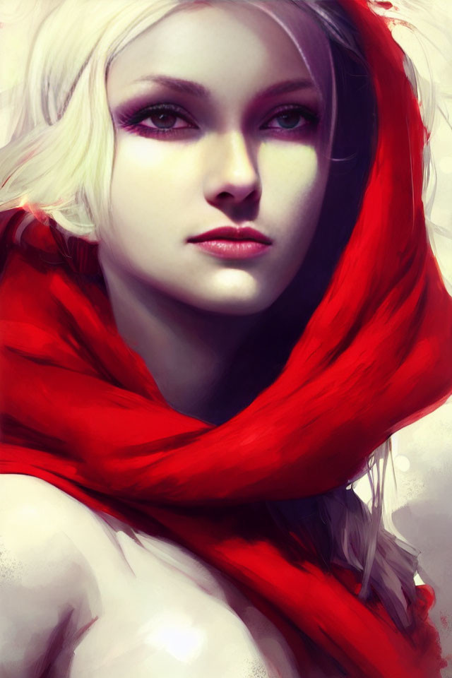 Digital portrait of woman with pale skin, purple eyes, white hair, and red scarf