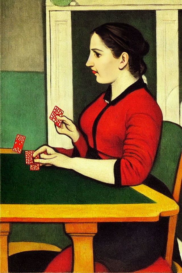 Woman in Red and Black Outfit Holding Playing Cards at Green Table in Room with Window and Painting