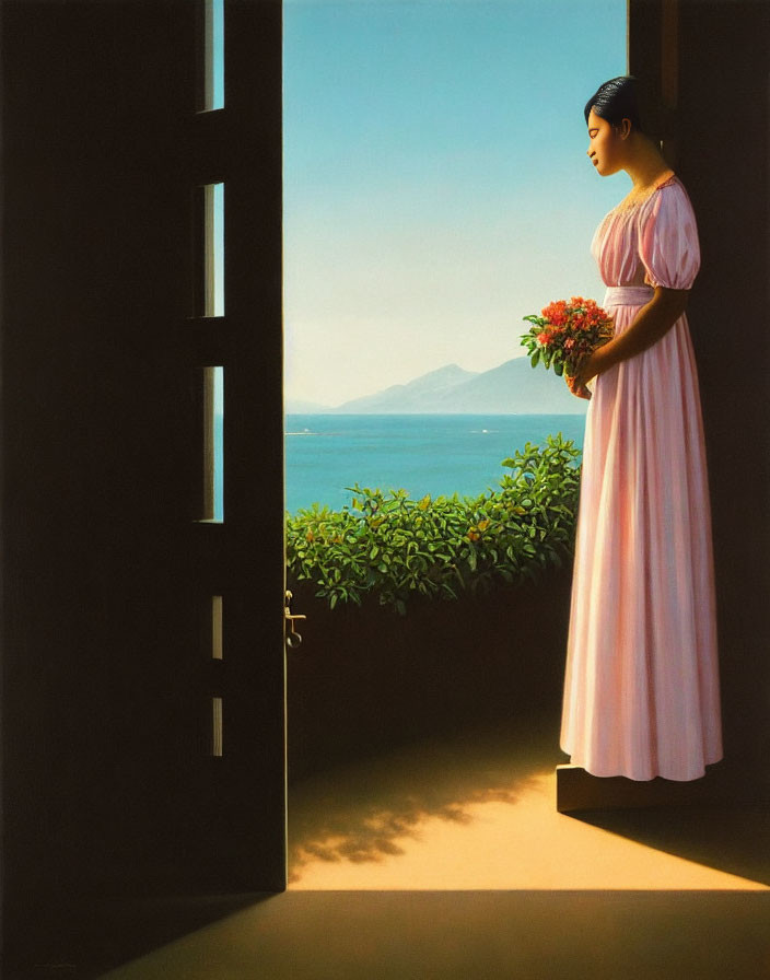 Woman in Pink Dress Holding Flowers by Open Door with Sea and Mountain View