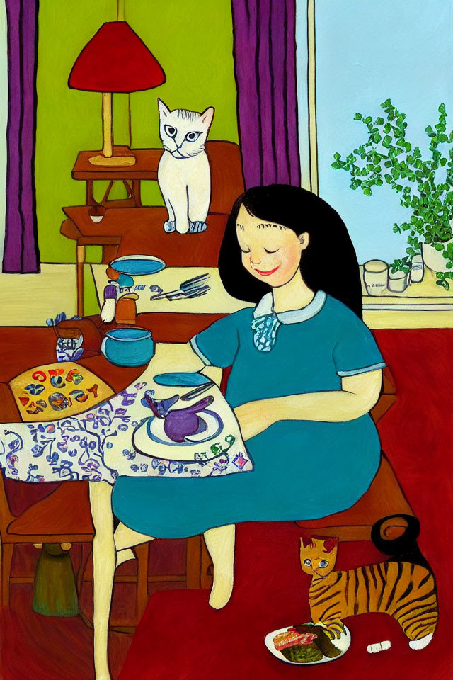 Woman in Blue Dress with Teapot, Cups, and Cats on Shelf and Floor