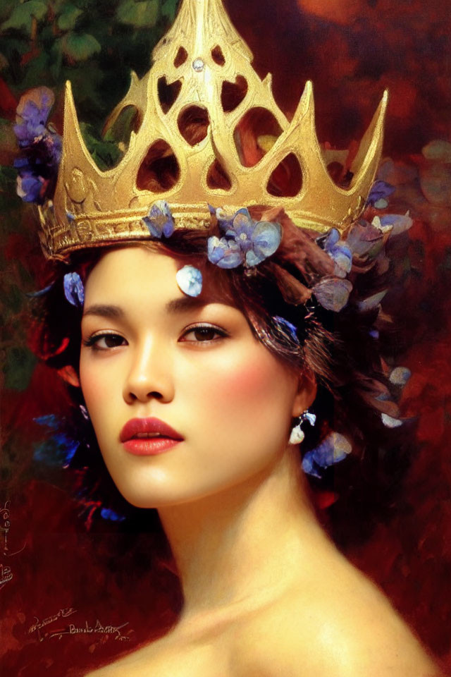 Portrait of woman with golden crown and blue flowers on red background