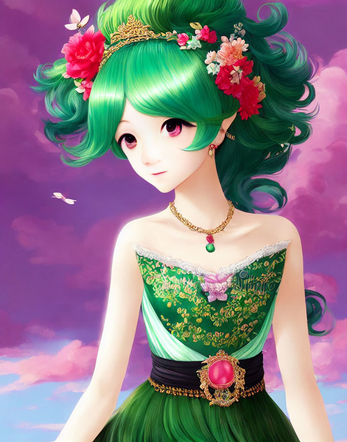 Illustrated female character with green hair and floral crown in elegant dress on pink sky backdrop