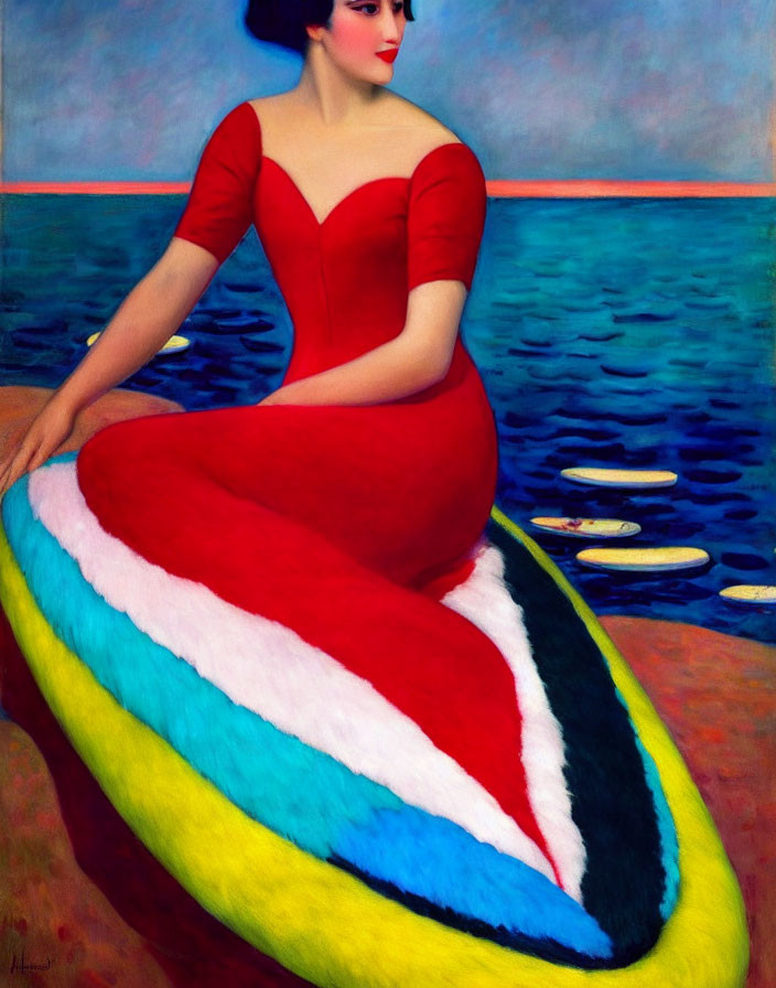 Woman in Red Dress on Colorful Beach Towel by Water's Edge