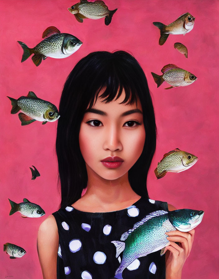 Straight Black Hair Woman Holding Large Fish in Polka-Dot Dress