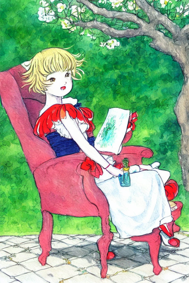 Blonde Anime Girl Reading Book Outdoors on Red Chair