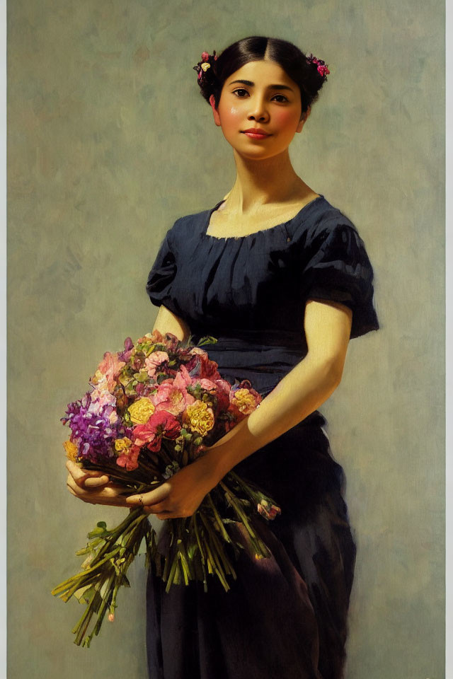 Vintage Navy Dress Woman Holding Flowers Bouquet Painting