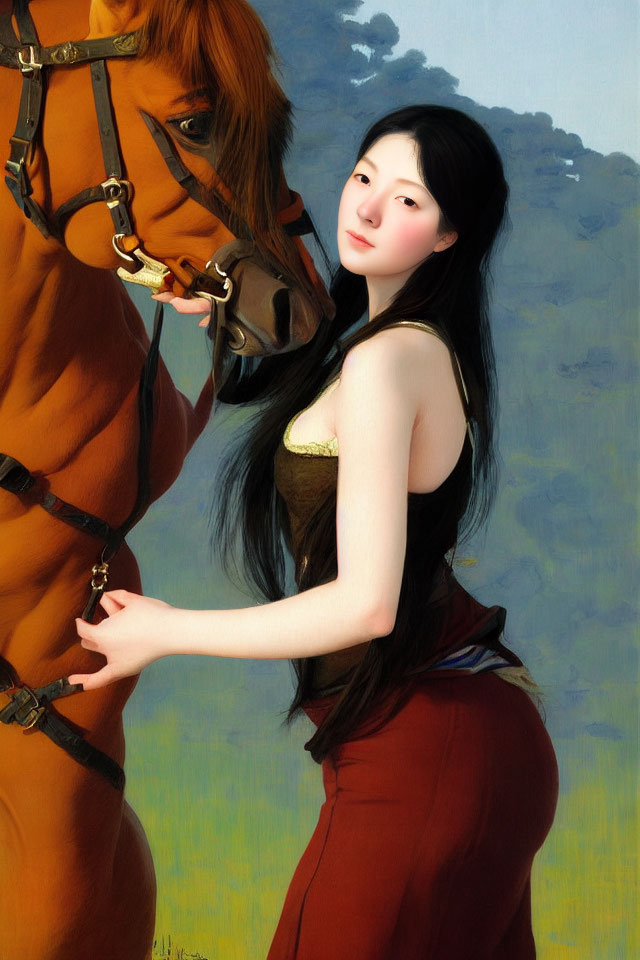 Woman with long black hair stands near brown horse holding bridle