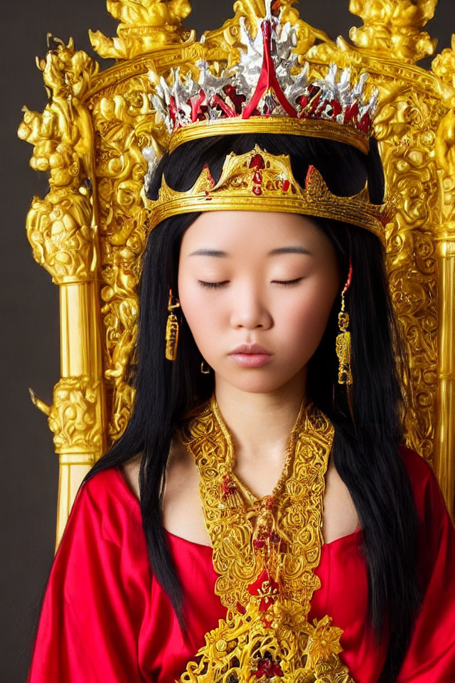 Woman in traditional attire with closed eyes and crown in front of golden throne.
