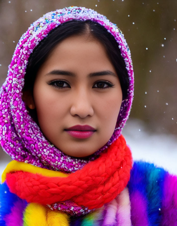 Colorful Sequined Hood and Vibrant Scarf Portrait with Snowflakes