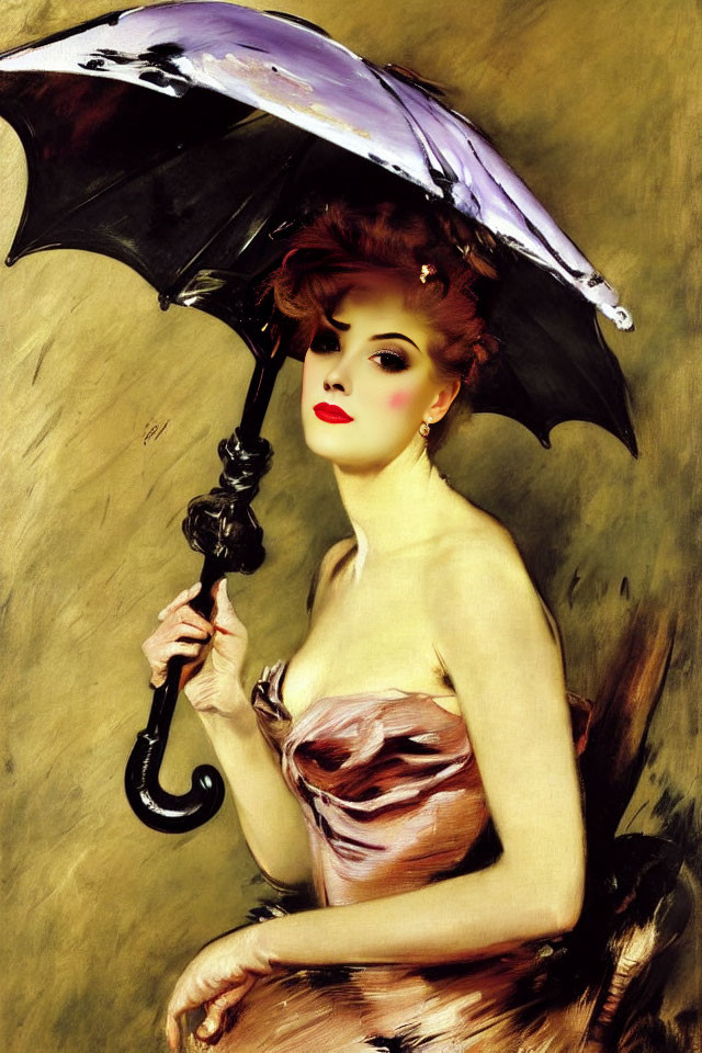 Stylized woman with black umbrella in shimmering dress on golden background